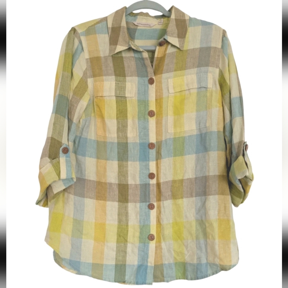 Soft Surroundings Avalon Plaid 100% Linen Button Up Shirt Small Yellow Green